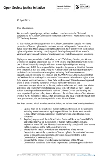 First page of PDF with filename: african-commission-letter-counterterrorism-20130413.pdf