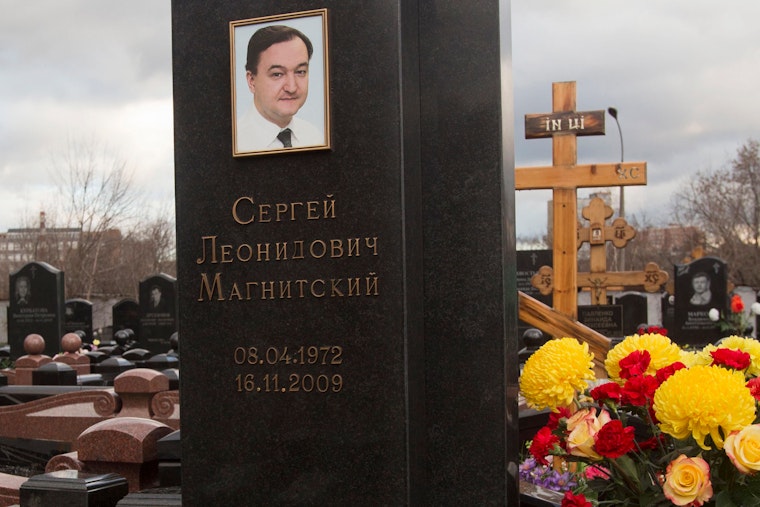 The tombstone at the grave of lawyer Sergey Magnitsky at a cemetery in Moscow, Russia, on November 16, 2012.