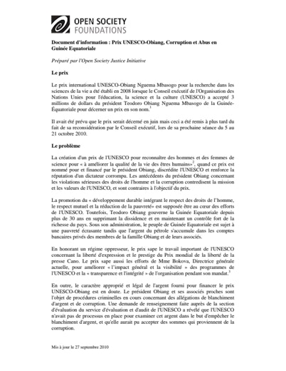 First page of PDF with filename: briefing-paper-unesco-prize-french-20100927_0.pdf