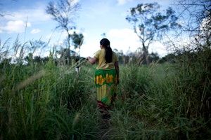 A woman walking in tall grass