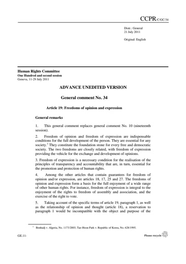 First page of PDF with filename: UNHRCgeneral-comment34-20110725.pdf