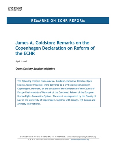 First page of PDF with filename: james-goldston-remarks-on-copenhagen-declaration-on-reform-of-the-echr-20180411.pdf