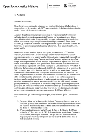 First page of PDF with filename: african-commission-letter-counterterrorism-french-20130413.pdf