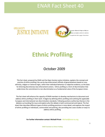 First page of PDF with filename: Factsheet-ethnic-profiling-20091001-ENG.pdf