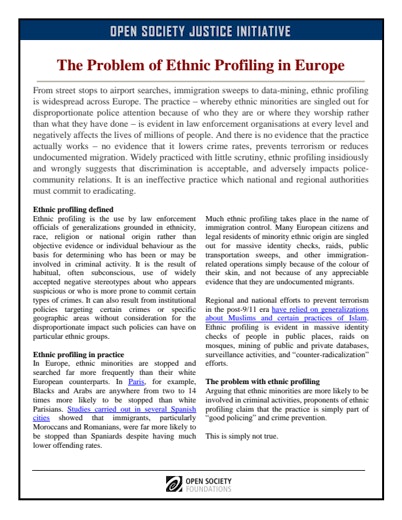 First page of PDF with filename: ethnic-profiling-europe-20110505.pdf