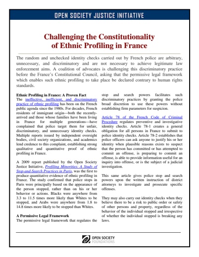 First page of PDF with filename: challenging-the-constitutionality-of-ethnic-profiling-in-france-20110523_0.pdf